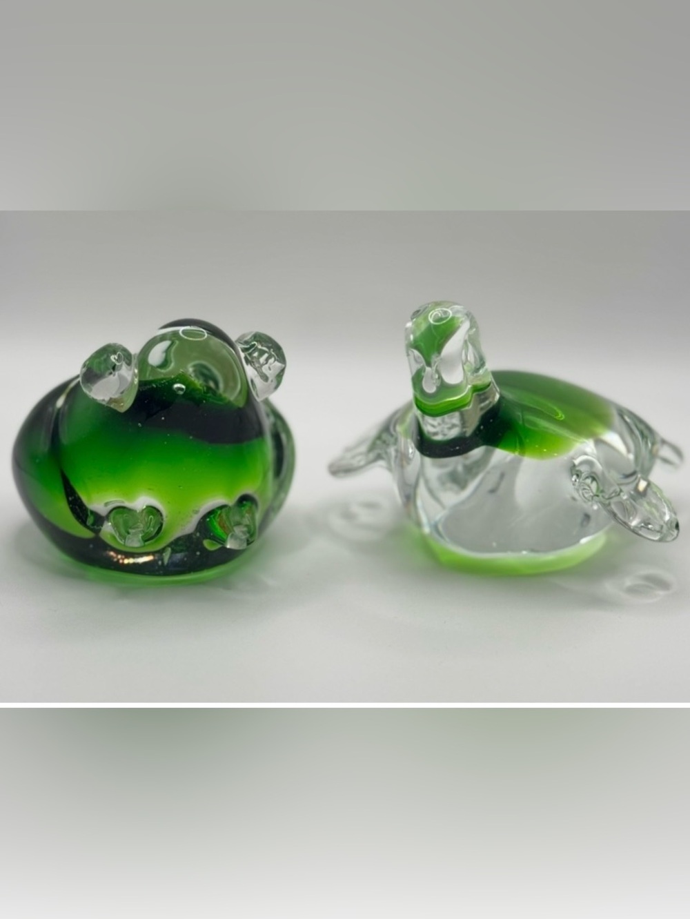 Murano Style Frog And Turtle Paperweight Set Green Hand Blown Art Glass